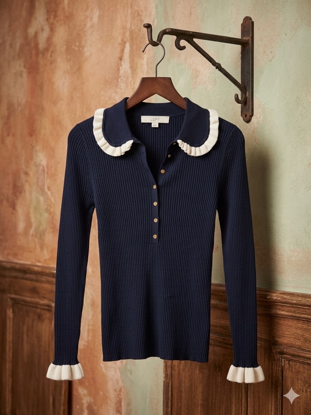 LOFT Navy Ribbed V‑Neck Polo Sweater with White Ruffle Trim